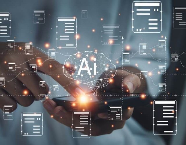 A person’s hands are interacting with a holographic interface displaying “AI” in the center, surrounded by connected document icons, representing SEM and the integration of artificial intelligence with data processing