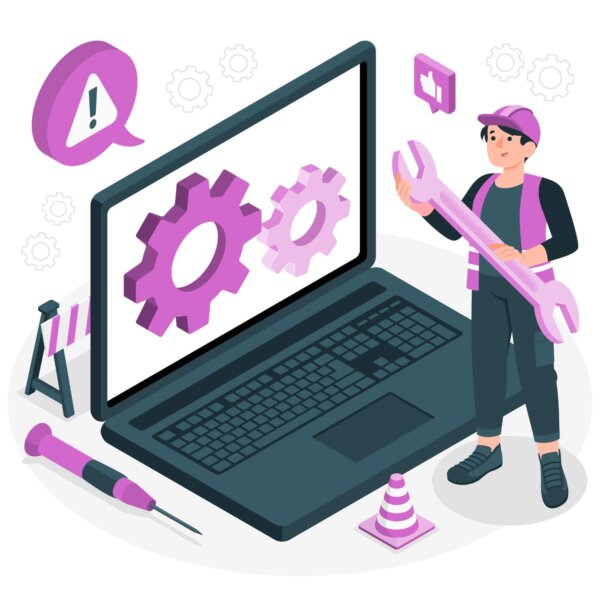 web maintenance being depicted by a man holding tools infront of a laptop