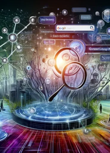 Concept art illustrating the theme of semantic search in SEO. The image features abstract representations of interconnected keywords and user intent, with a background of a modern digital landscape. Neural network structures symbolize machine learning and natural language processing. Icons for voice search, search algorithms, and context-rich content are also included, enhancing the visual depiction of semantic search's role in search engine optimization