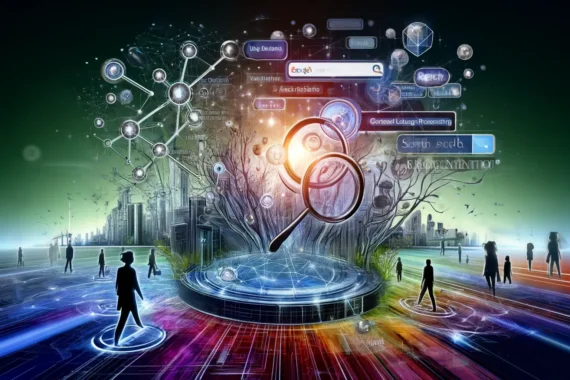 Concept art illustrating the theme of semantic search in SEO. The image features abstract representations of interconnected keywords and user intent, with a background of a modern digital landscape. Neural network structures symbolize machine learning and natural language processing. Icons for voice search, search algorithms, and context-rich content are also included, enhancing the visual depiction of semantic search's role in search engine optimization