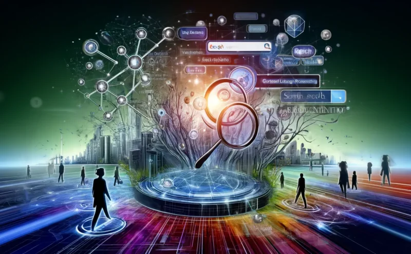 Concept art illustrating the theme of semantic search in SEO. The image features abstract representations of interconnected keywords and user intent, with a background of a modern digital landscape. Neural network structures symbolize machine learning and natural language processing. Icons for voice search, search algorithms, and context-rich content are also included, enhancing the visual depiction of semantic search's role in search engine optimization