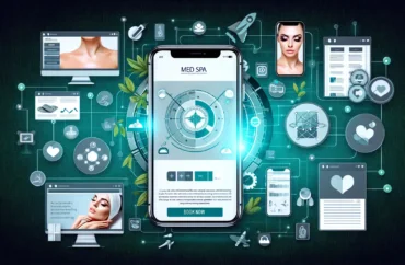 The image represents a med spa's digital transformation, featuring a combination of digital marketing tools and branding elements. Central to the image are icons of social media platforms, a website interface displayed on a smartphone and a computer, and an analytics dashboard. Surrounding these are visuals depicting a med spa's branding, including a sleek logo, luxurious treatment visuals, and before-and-after photos of treatments. An engaging element like a client testimonial on social media and an online booking interface with a prominent 'Book Now' button are also included. The color scheme is calm and professional, enhancing the luxury and professional atmosphere typical of a med spa.