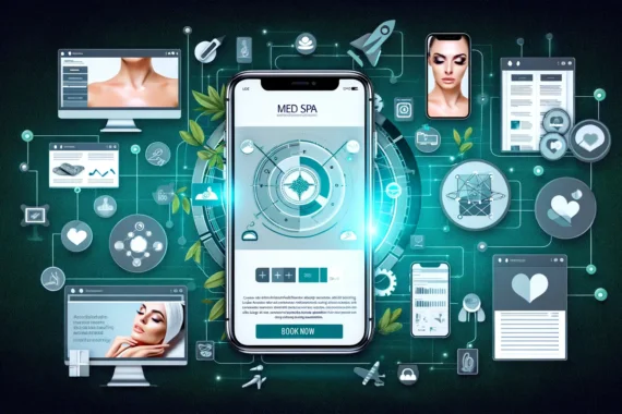 The image represents a med spa's digital transformation, featuring a combination of digital marketing tools and branding elements. Central to the image are icons of social media platforms, a website interface displayed on a smartphone and a computer, and an analytics dashboard. Surrounding these are visuals depicting a med spa's branding, including a sleek logo, luxurious treatment visuals, and before-and-after photos of treatments. An engaging element like a client testimonial on social media and an online booking interface with a prominent 'Book Now' button are also included. The color scheme is calm and professional, enhancing the luxury and professional atmosphere typical of a med spa.
