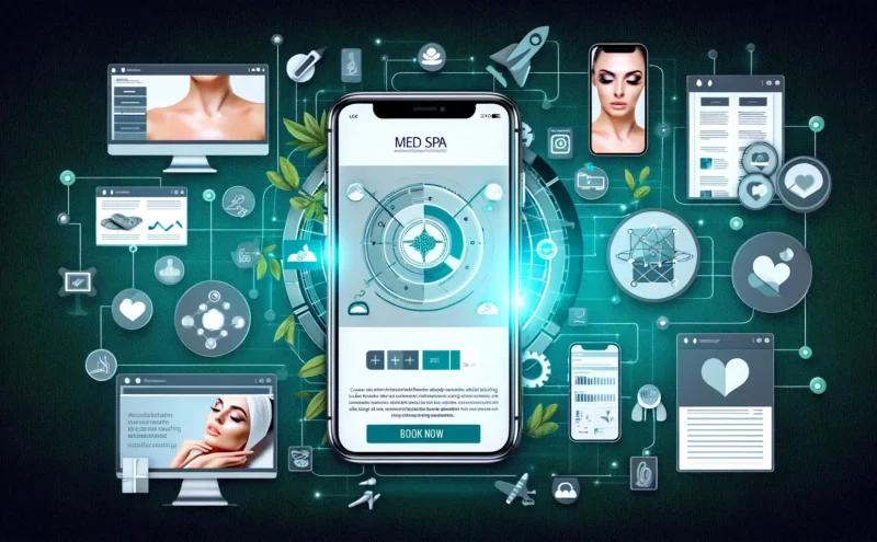 The image represents a med spa's digital transformation, featuring a combination of digital marketing tools and branding elements. Central to the image are icons of social media platforms, a website interface displayed on a smartphone and a computer, and an analytics dashboard. Surrounding these are visuals depicting a med spa's branding, including a sleek logo, luxurious treatment visuals, and before-and-after photos of treatments. An engaging element like a client testimonial on social media and an online booking interface with a prominent 'Book Now' button are also included. The color scheme is calm and professional, enhancing the luxury and professional atmosphere typical of a med spa.