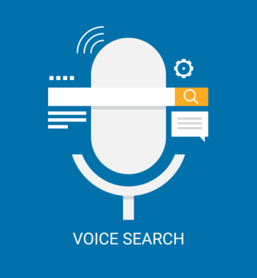 vpice search being depicted by an image of a mic on a blue background and a search bar on top of the mic