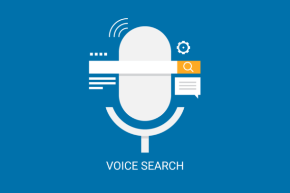 vpice search being depicted by an image of a mic on a blue background and a search bar on top of the mic