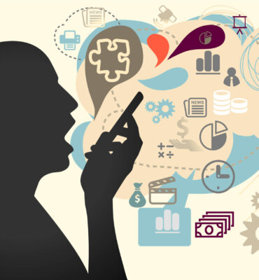 voice search seo being represented by a silhoutte of a person speaking into his mobile device and random images of various things popping up out of the phone