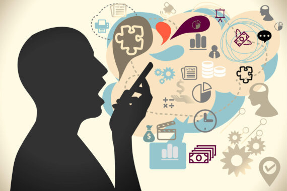 voice search seo being represented by a silhoutte of a person speaking into his mobile device and random images of various things popping up out of the phone